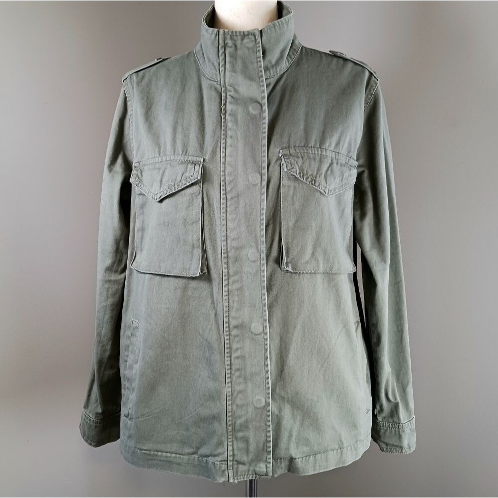 Cotton Utility Jacket Snaps Zip Pockets Army Drab Green Military Epaulets Size M - Picture 8 of 11